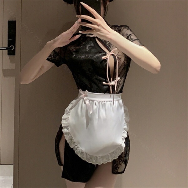 セクシーランジェリー 超過激 ベビードール  コスプレ チャイナドレス チャイナ服 艶素材 上品  ミニ丈 透け透け レース バックオープン ブラック メイド風 エプロン スリットミニスカート ひざ丈 下着 フリーサイズ コスチューム 過激[w1355]