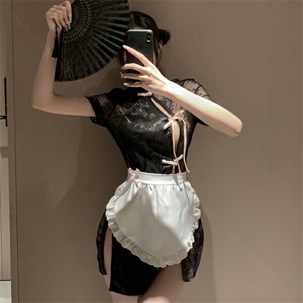 セクシーランジェリー 超過激 ベビードール  コスプレ チャイナドレス チャイナ服 艶素材 上品  ミニ丈 透け透け レース バックオープン ブラック メイド風 エプロン スリットミニスカート ひざ丈 下着 フリーサイズ コスチューム 過激[w1355]