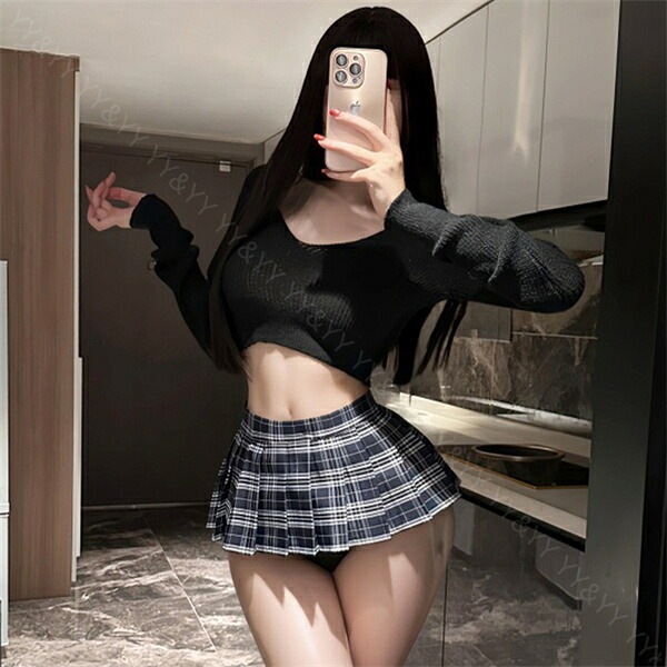 セクシーランジェリー コスプレ 上下セット 2点セット Vネック ざっくり ニット やわらか ゆったり プリーツ チェック柄 ミニスカート ミニ 巻きスカート デイリー 日常 ルームウェア 下着 部屋着 可愛い 高級感 色気 撮影 イベント パーティ 上品 w1605