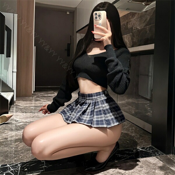 セクシーランジェリー コスプレ 上下セット 2点セット Vネック ざっくり ニット やわらか ゆったり プリーツ チェック柄 ミニスカート ミニ 巻きスカート デイリー 日常 ルームウェア 下着 部屋着 可愛い 高級感 色気 撮影 イベント パーティ 上品 w1605