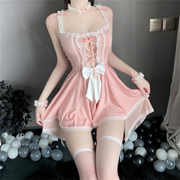 セクシーランジェリー メイド セット 超過激 コスプレ Tバック レディース セクシー  メイド服 パッド  オープン チョーカー 下着 可愛い レース リボン セクシー コスチューム 衣装 ベビードール エプロン フリル 黒[w1357]