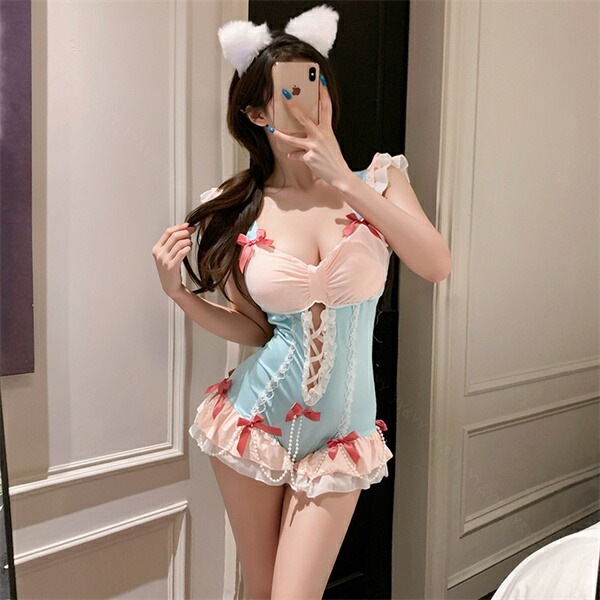 コスプレ メイド  セクシーランジェリー 超過激 メイド服 テディ フリル レースアップ 編み上げ コスチューム リボン キュート パール 2段フリル 一体型 下着 レディース ランジェリー パッド入り 快適 フレア レース 豪華 ゆったり 快適