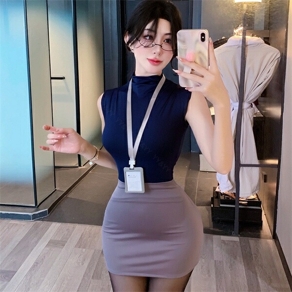 コスプレ セクシーランジェリー 大きいサイズ XL 3L 4L コスチューム OL 秘書 教師 制服 コスプレ ノースリーブ ハイネック ネイビー 紺色 ミニスカート タイトスカート 名札 ショーツ 下着 上下セット レディース ランジェリー 部屋着[w1459]