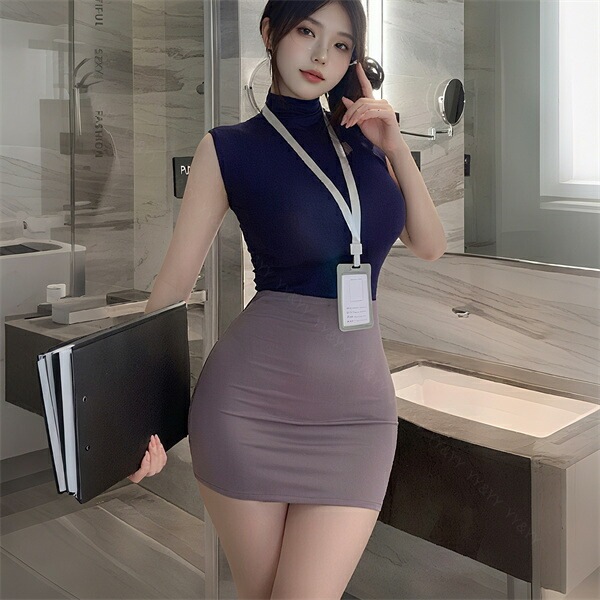 コスプレ セクシーランジェリー 大きいサイズ XL 3L 4L コスチューム OL 秘書 教師 制服 コスプレ ノースリーブ ハイネック ネイビー 紺色 ミニスカート タイトスカート 名札 ショーツ 下着 上下セット レディース ランジェリー 部屋着[w1459]