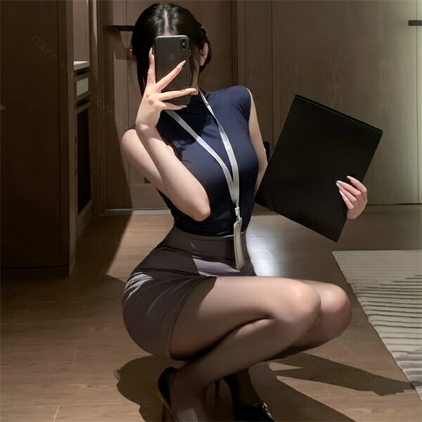 コスプレ セクシーランジェリー 大きいサイズ XL 3L 4L コスチューム OL 秘書 教師 制服 コスプレ ノースリーブ ハイネック ネイビー 紺色 ミニスカート タイトスカート 名札 ショーツ 下着 上下セット レディース ランジェリー 部屋着[w1459]