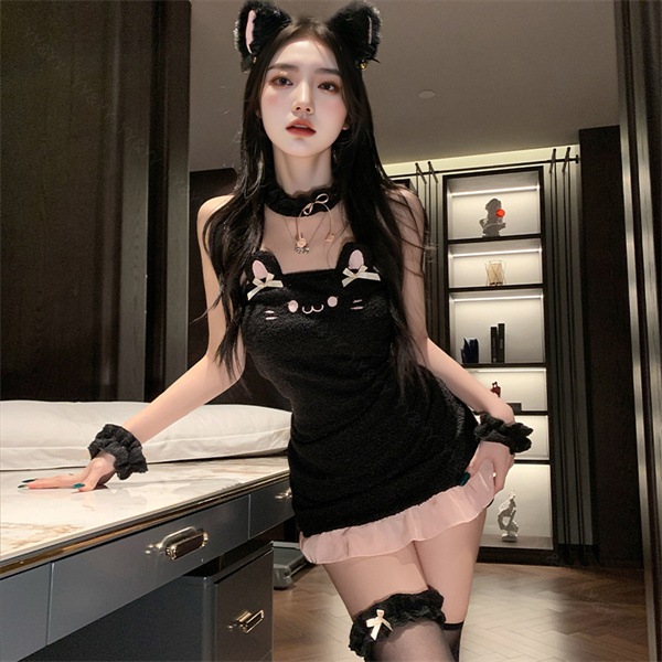 セクシーランジェリー 超過激 キャット 猫 コスプレ 黒 ベビードール セット フリル  リボン 伸縮性 カチューシャ 猫耳 レディース セクシー 過激 レース 部屋着 可愛い 衣装 コスプレ 透け 露出 エロ下着 コスチューム 上質生地 人気[w1372]