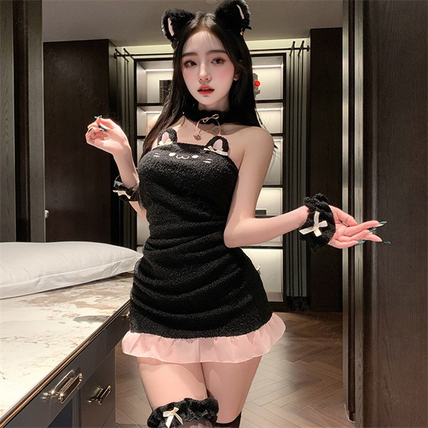 セクシーランジェリー 超過激 キャット 猫 コスプレ 黒 ベビードール セット フリル  リボン 伸縮性 カチューシャ 猫耳 レディース セクシー 過激 レース 部屋着 可愛い 衣装 コスプレ 透け 露出 エロ下着 コスチューム 上質生地 人気[w1372]