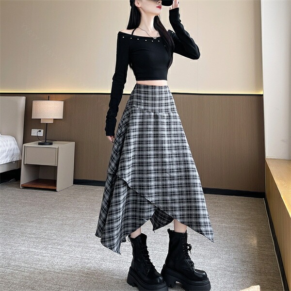ヘムスカート スカート ロングスカート レイヤード風 チェック柄 アシンメトリー 柄スカート 大きいサイズ XL 秋 冬 春 バックゴム ファスナー ブラック 韓国系 ハイウエスト デート服 大人可愛い アシメ 大人 ロング丈 黒 脚長[fs67]
