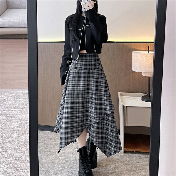 ヘムスカート スカート ロングスカート レイヤード風 チェック柄 アシンメトリー 柄スカート 大きいサイズ XL 秋 冬 春 バックゴム ファスナー ブラック 韓国系 ハイウエスト デート服 大人可愛い アシメ 大人 ロング丈 黒 脚長[fs67]