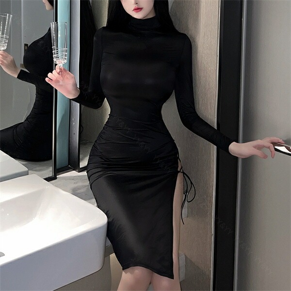 セクシーランジェリー 超過激 ベビードール  コスプレ チャイナドレス チャイナ服 艶素材 上品 ロング丈  編み上げ バックオープン ブラック スリットミニスカート ひざ丈 下着 フリーサイズ コスチューム 過激 セクシー ルームウェア[w1340]