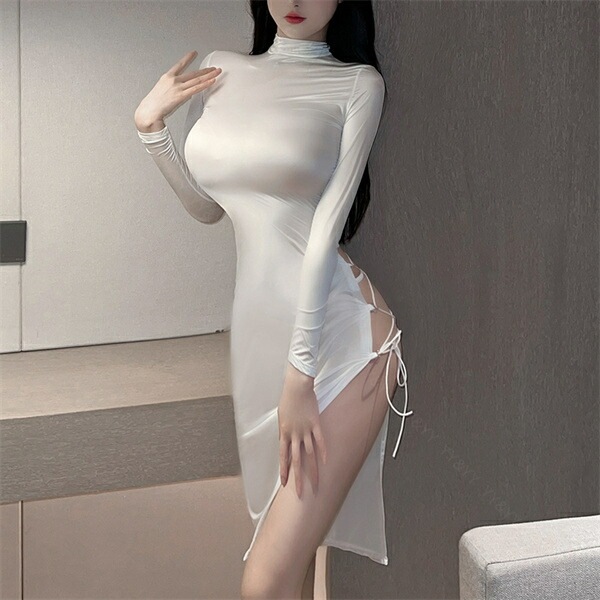 セクシーランジェリー 超過激 ベビードール  コスプレ チャイナドレス チャイナ服 艶素材 上品 ロング丈  編み上げ バックオープン ブラック スリットミニスカート ひざ丈 下着 フリーサイズ コスチューム 過激 セクシー ルームウェア[w1340]