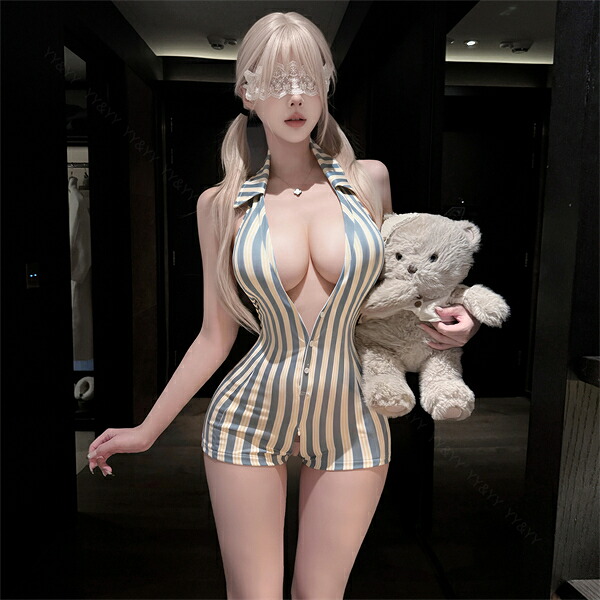 テディ セクシーランジェリー 超過激 穴あき 股割れ オープン 上下一体型 襟付き 縦縞 ストライプ ホルターネック ブルー 青 短パン ファスナー 前開き インナー 下着 ルームウェア 部屋着 コスプレ コスチューム 谷間 透け スケスケ エロ エロ下着 w1608