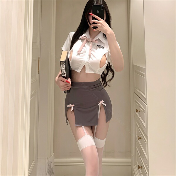 コスプレ 学生服 制服 セクシーランジェリー ベビードール オープン 半袖 スリット ミニスカート ミニスカ オープンバスト セクシー 開襟シャツ リボン 谷間 透け スケスケ コスチューム 超過激 ルームウェア ランジェリー 下着 快適 可愛い