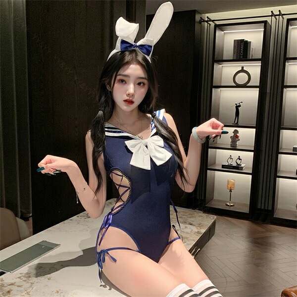 セクシーランジェリー テディ 超過激 セーラー服 コスプレ バニーガール 上下一体型 オープン コスチューム 上質素材 学生服 カチューシャ うさぎ フリーサイズ 過激 下着 セクシー ルームウェア タイト エロい下着 エロ リボン セット ネイビー[w1407]