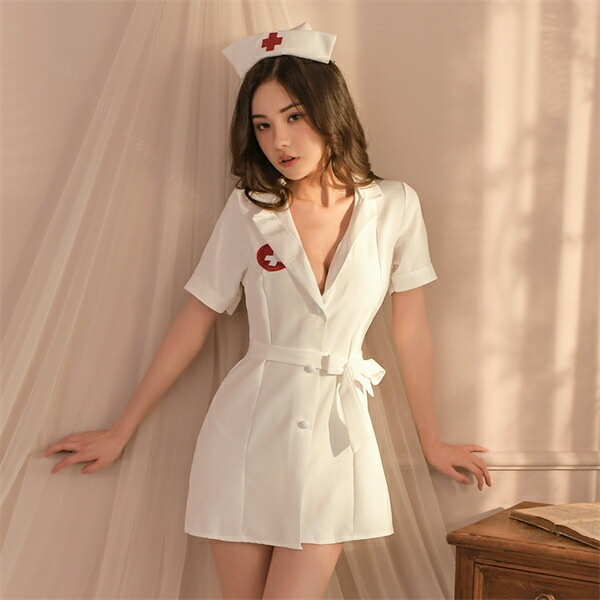 コスプレ ナース セクシーランジェリー ベビードール ミニスカート 制服 ミニスカ 開襟シャツ オフショル 透け スケスケ コスチューム リボン ナースキャップ 帽子 超過激 ミニ丈 スリット ルームウェア ランジェリー 下着 高級感 上下セット