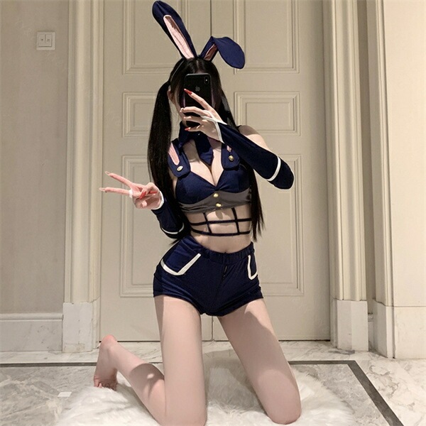 コスプレ バニー ウサギ セクシーランジェリー 穴あき 上下セット ハイウエスト コスチューム タイト ネクタイ キャミソール 股割れ レッグリング カチューシャ うさ耳 超過激 ショート ランジェリー 下着 セクシー 高級感  伸縮性 ネイビー