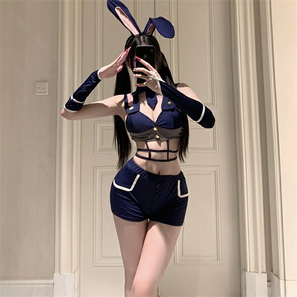 コスプレ バニー ウサギ セクシーランジェリー 穴あき 上下セット ハイウエスト コスチューム タイト ネクタイ キャミソール 股割れ レッグリング カチューシャ うさ耳 超過激 ショート ランジェリー 下着 セクシー 高級感  伸縮性 ネイビー