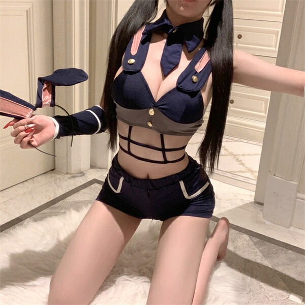 コスプレ バニー ウサギ セクシーランジェリー 穴あき 上下セット ハイウエスト コスチューム タイト ネクタイ キャミソール 股割れ レッグリング カチューシャ うさ耳 超過激 ショート ランジェリー 下着 セクシー 高級感  伸縮性 ネイビー