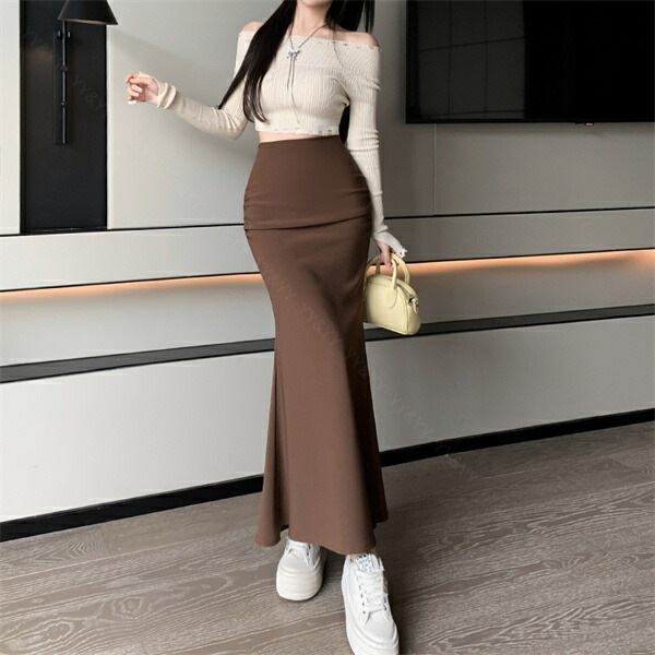 ロングスカート マーメイドスカート スカート ロング 春 夏 秋  ファスナー 大きいサイズ XL 韓国系 ハイウエスト チャック デート服 大人可愛い シンプル デイリー 大人 ロング丈 楽ちん 黒 脚長 美脚  体型カバー 着痩せ[fs65]