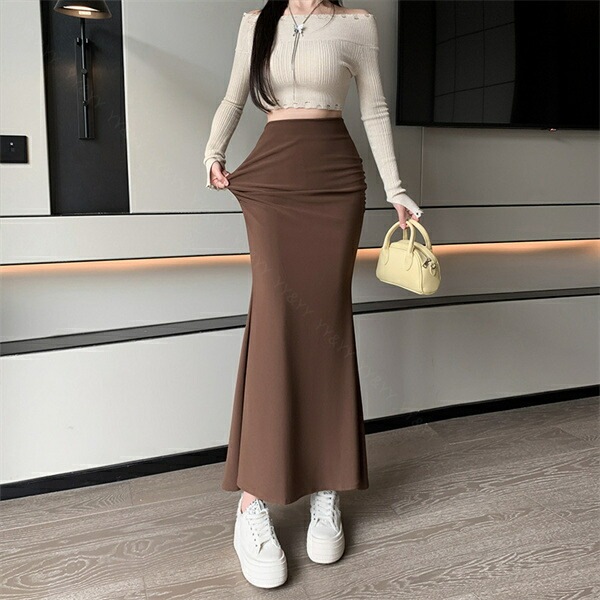 ロングスカート マーメイドスカート スカート ロング 春 夏 秋  ファスナー 大きいサイズ XL 韓国系 ハイウエスト チャック デート服 大人可愛い シンプル デイリー 大人 ロング丈 楽ちん 黒 脚長 美脚  体型カバー 着痩せ[fs65]