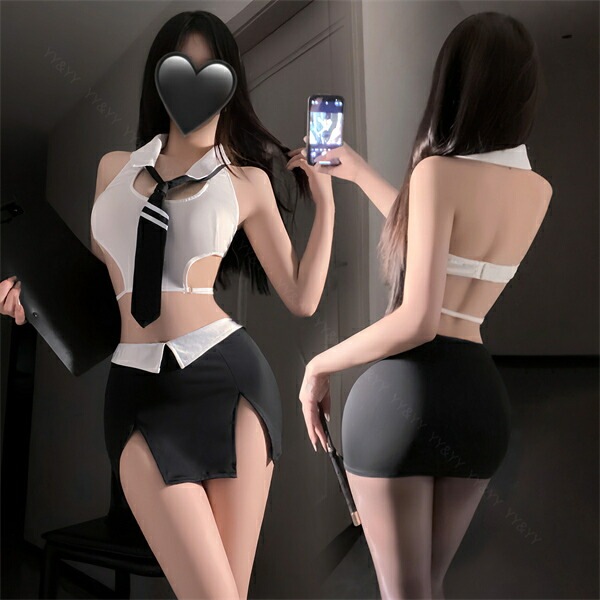 コスプレ OL 制服 秘書 セクシーランジェリー セクシー ノースリーブ シャツ トップス 透け スケスケ スカート ミニスカ ライン入り ネクタイ スリット タイト Uネック オープン 超過激 ランジェリー 下着 可愛い 上品 部屋着 ルームウェア シンプル
