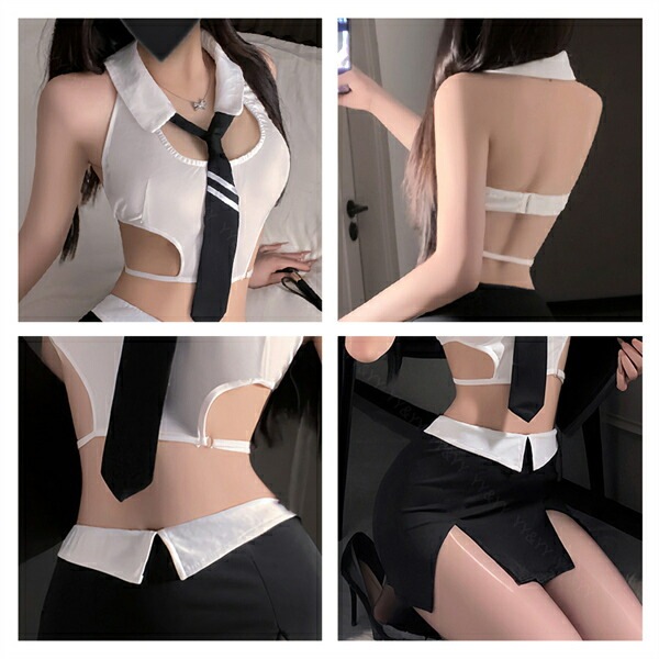 コスプレ OL 制服 秘書 セクシーランジェリー セクシー ノースリーブ シャツ トップス 透け スケスケ スカート ミニスカ ライン入り ネクタイ スリット タイト Uネック オープン 超過激 ランジェリー 下着 可愛い 上品 部屋着 ルームウェア シンプル