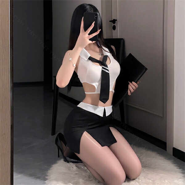 コスプレ OL 制服 秘書 セクシーランジェリー セクシー ノースリーブ シャツ トップス 透け スケスケ スカート ミニスカ ライン入り ネクタイ スリット タイト Uネック オープン 超過激 ランジェリー 下着 可愛い 上品 部屋着 ルームウェア シンプル