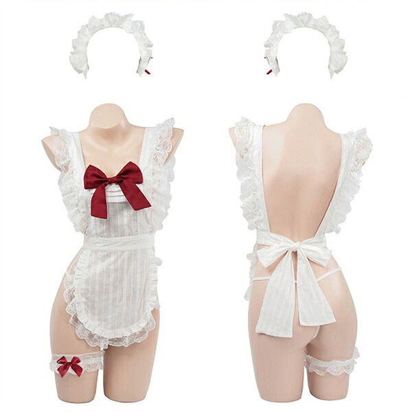 コスプレ セクシーランジェリー 大きいサイズ XL 3L 4L コスチューム メイド エプロン コスプレ フリル リボン キュート メイド服 ミニスカート ミニスカ ホワイトエプロン ショーツ 下着 上下セット レディース ランジェリー 部屋着 ショーツ[w1460]