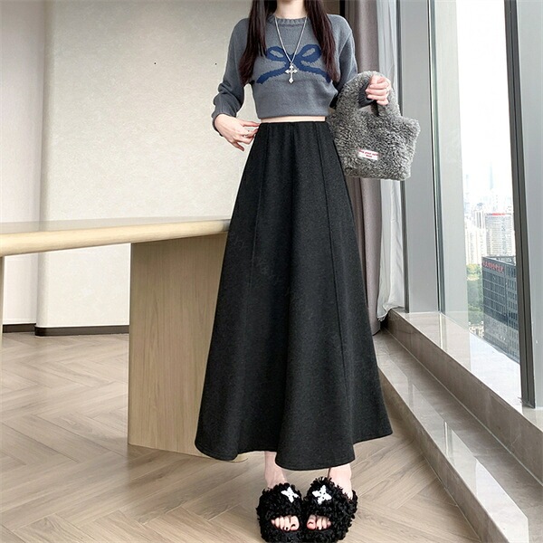ロングスカート スカート フレアスカート プリーツ 裏起毛 暖かい素材 防寒 Aライン 台形 秋 冬 シンプル ブラック グレー 韓国系 ハイウエスト 大人可愛い 大人 ロング丈 黒 脚長 体型カバー 伸縮性 快適 オフィス カジュアル ゆったり 楽ちん[fs70]