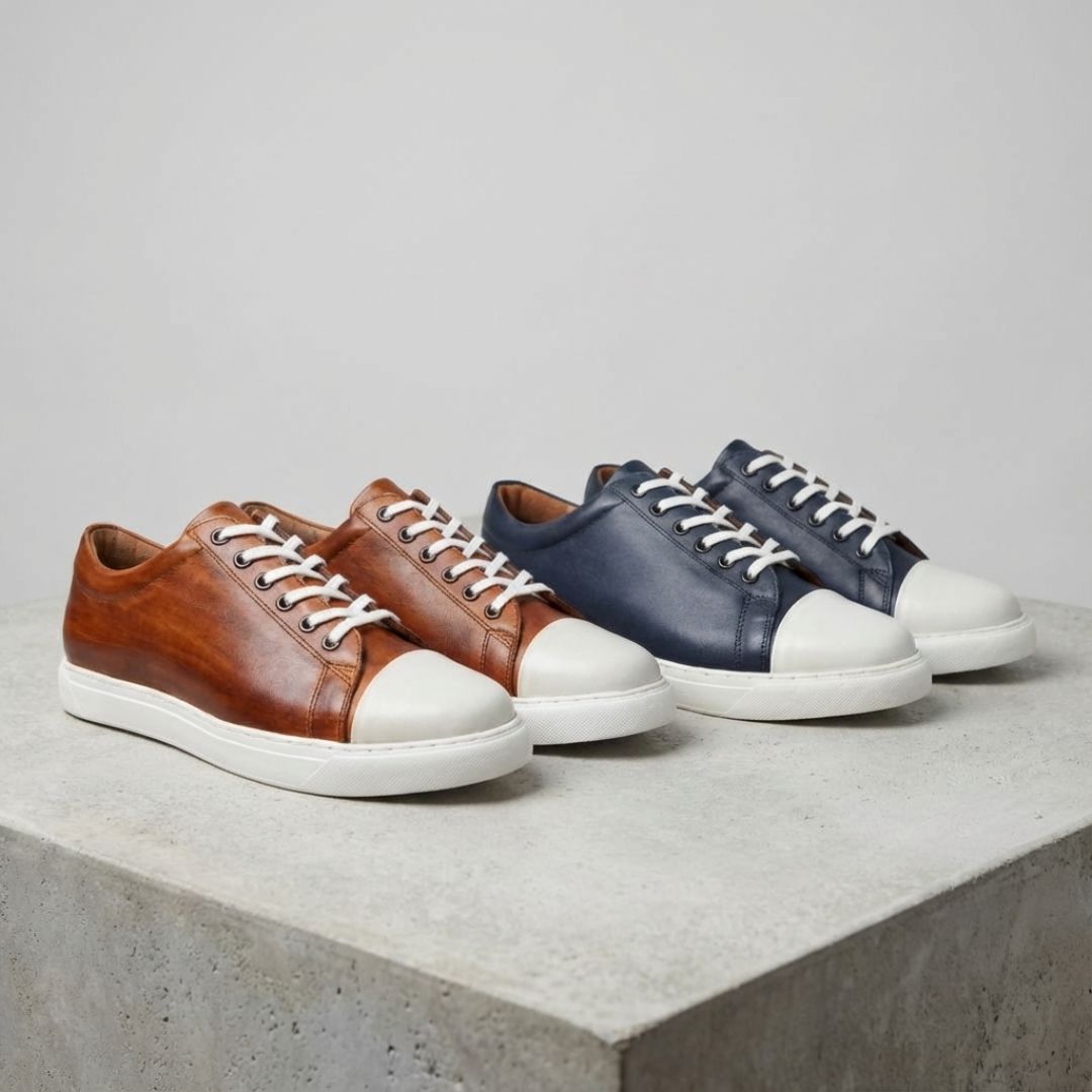 レザースニーカー メンズ HATIYA CAMEL トゥキャップスニーカー