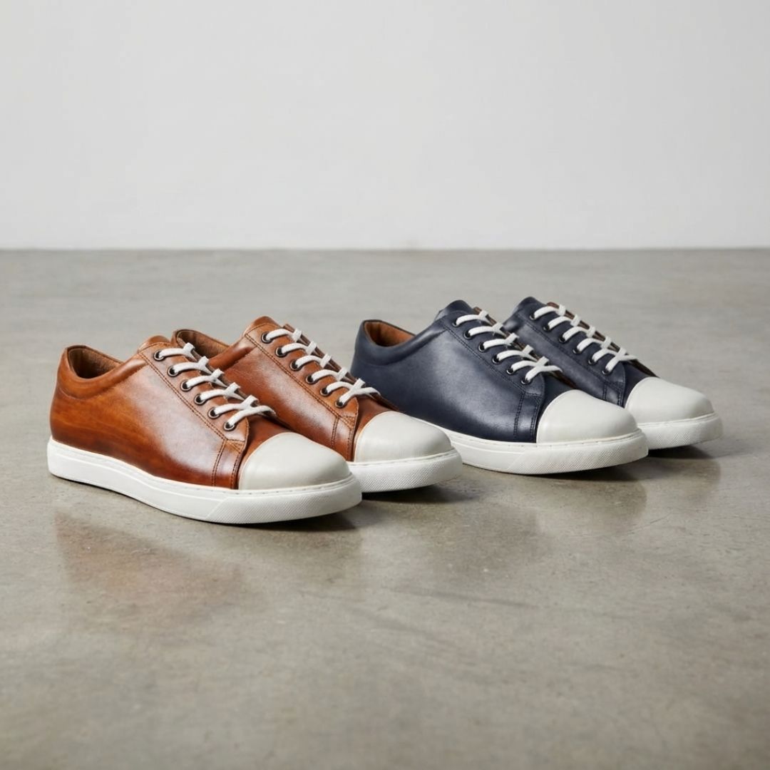 レザースニーカー メンズ HATIYA CAMEL トゥキャップスニーカー