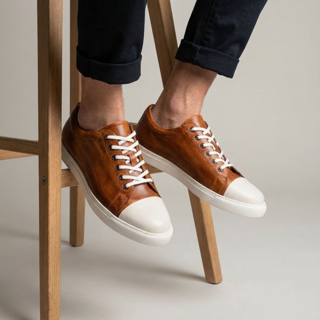 レザースニーカー メンズ HATIYA CAMEL トゥキャップスニーカー
