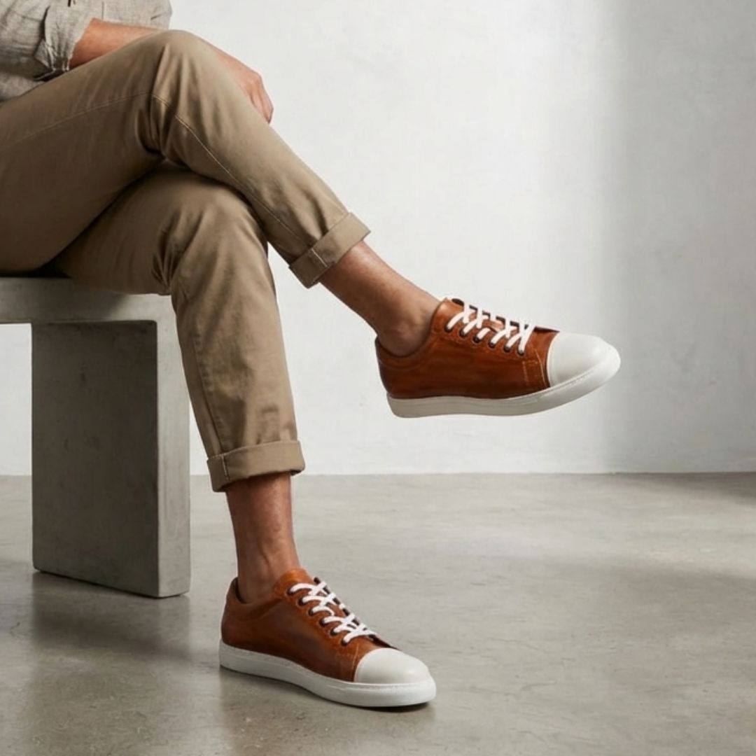 レザースニーカー メンズ HATIYA CAMEL トゥキャップスニーカー