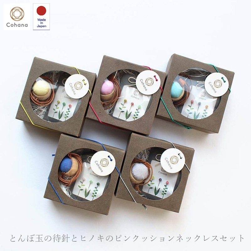 とんぼ玉の待針とヒノキのピンクッションネックレスセット