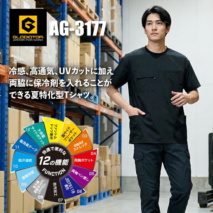 【当日発送】保冷剤ポケット付きTシャツ 半袖Tシャツ AG-3177 Tシャツ 2026 新作 高通気 接触冷感 吸汗速乾 UVカット 制電 丸首 男女兼用 多ポケット DIY キャンプ アウトドア 作業服 作業着 ユニフォーム コーコス グラディエーター【メール便送料無料】