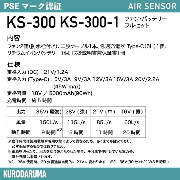 【36V 150L】当日発送 日本ワークウェアメーカー製 バッテリー ファンセット エアセンサー KS-300 KS300 KS-300-1 KS300-1 特大風量 空調ファン ファンバッテリー クロダルマ 空調作業服 ファン付きウェア AIR SENSOR 即日発送 ※（株）空調服の商品ではありません