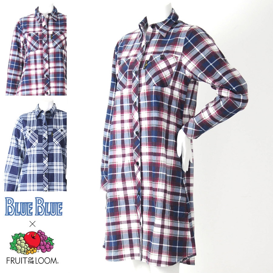 【70%OFFセール】ブルーブルー BLUE BLUE シャツ ブルーブルー×フルーツオブザルーム プリントネルチェック ワンピース