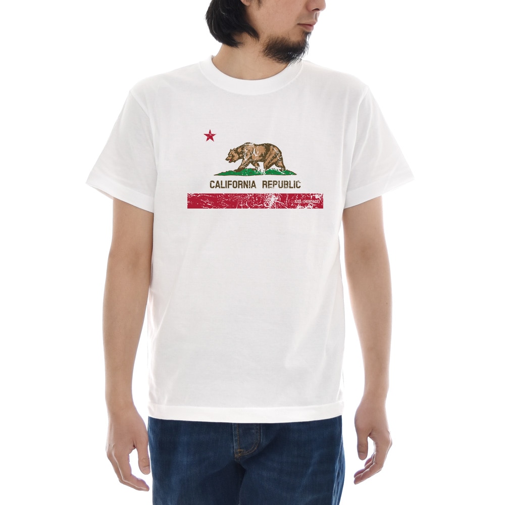【10%OFFセール】ジャスト Tシャツ カリフォルニア フラッグ 半袖Tシャツ メンズ レディース ティーシャツ CALIFORNIA FLAG 旗 熊 大きいサイズ ホワイト 白 S M L XL