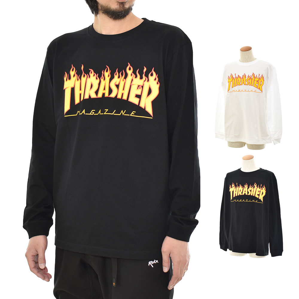 【52%OFFセール】THRASHER スラッシャー 長袖Tシャツ Tシャツ フレイムロゴ マグロゴ メンズ SK8 スケートボード 黒 白 FLAME LOGO TEE DMP201826F|海外|