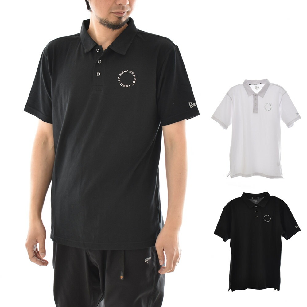 【10%OFFセール】ニューエラ NEW ERA ゴルフ 半袖 鹿の子 ポロシャツ サークルロゴ 半袖ポロシャツ フラッグロゴ 鹿の子 カノコ カットソー おしゃれ ブラック ホワイト 黒 白 ゴルフ