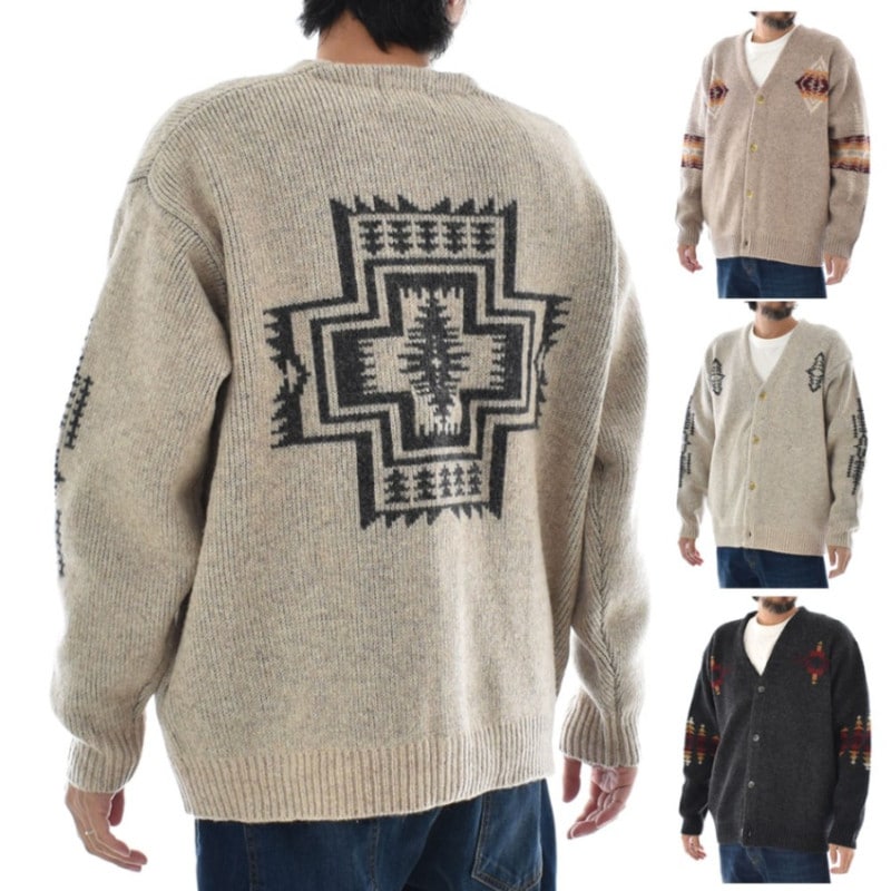 【5%OFFセール】ペンドルトン PENDLETON ニット セーター Vネック カーディガン 4575-8005【メンズ レディース 男女兼用 ユニセックス オーバーサイズ ワイドシルエット M L 】【ネイティブ柄 ネイティブアメリカン バックプリント 袖プリント 幾何学柄 ウール 毛】