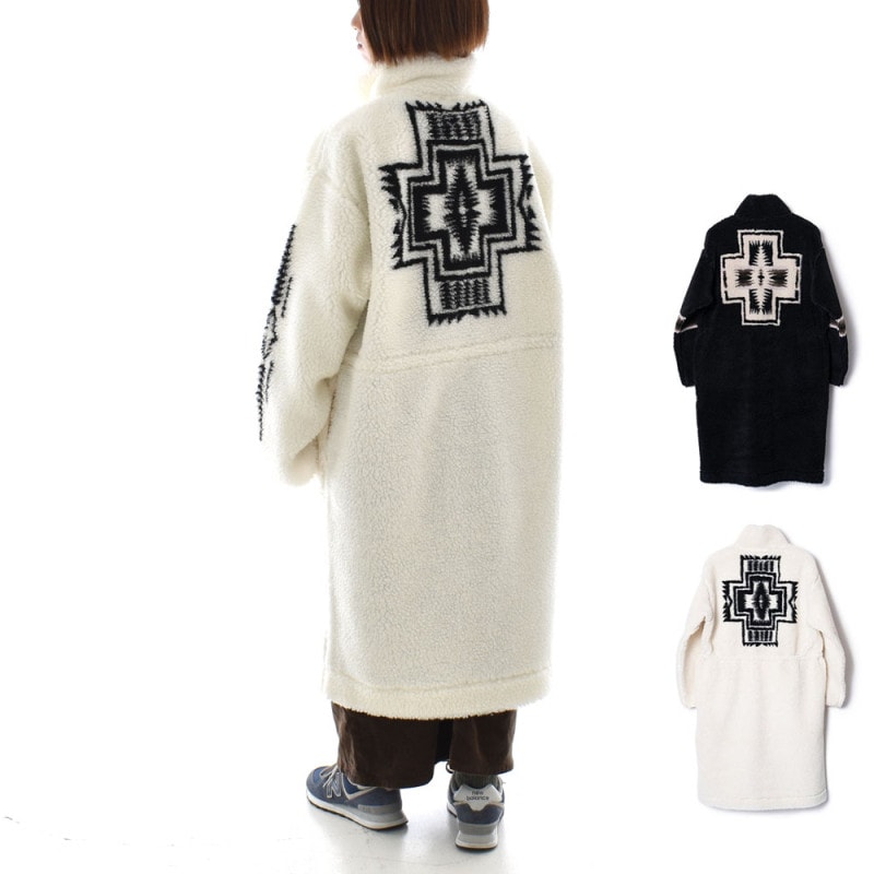 【5%OFFセール】ペンドルトン PENDLETON レディース ボアスタンドロングコート 4475-7113【レディース ウィメンズ F フリーサイズ 】【ボアフリース フリースジャケット ネイティブ柄 ネイティブアメリカン バックプリント 袖プリント モコモコ 暖かい アイボリー ブラック】