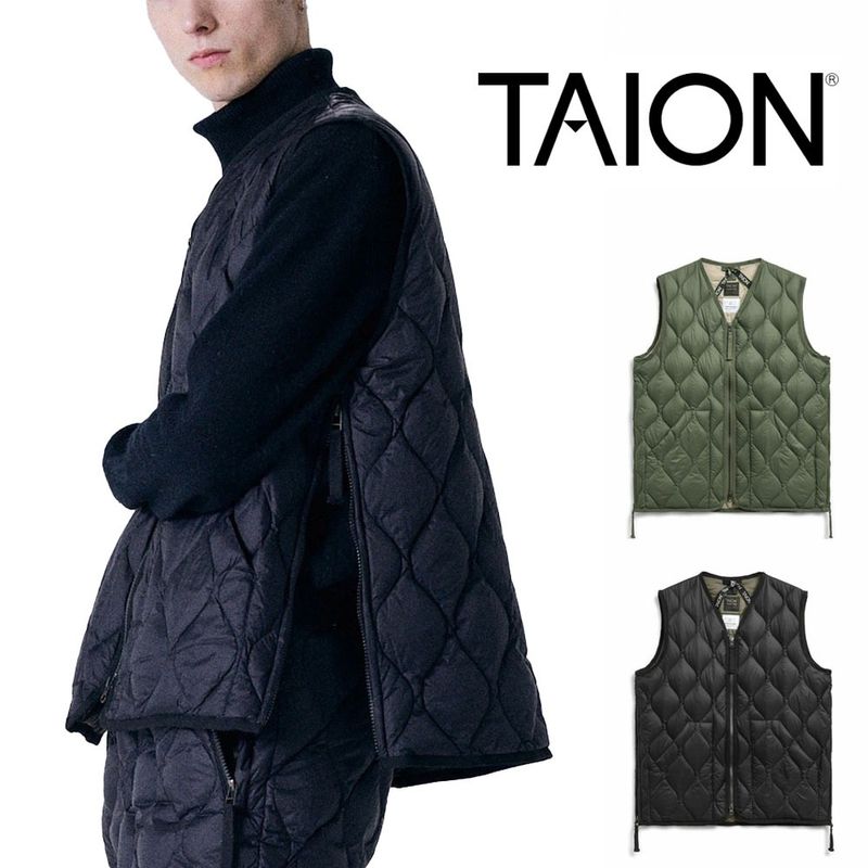 【10%OFFセール】タイオン TAION インナーダウン ミリタリー VネックWジップ ダウンベスト TAION-001ALSZML-1【メンズ L XL XXL 大きいサイズ】【トップス アウター ダウンベスト コンパクト 秋冬春 ライトダウン 暖かい 軽量 防寒 重ね着 コートイン ブラック 黒 オリーブ】