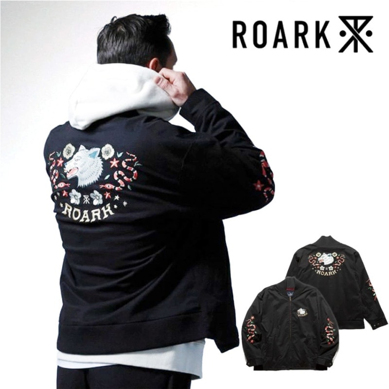 【5%OFFセール】ロアーク リバイバル ROARK REVIVAL ジャケット ウルフパック ボンバージャケット WOLFPACK BOMBER JACKET RJJ1053-BLK【メンズ Lサイズ】【スカジャン スーベニアジャケット 刺繍 オオカミ 狼 蛇 アメカジ ブラック 黒】