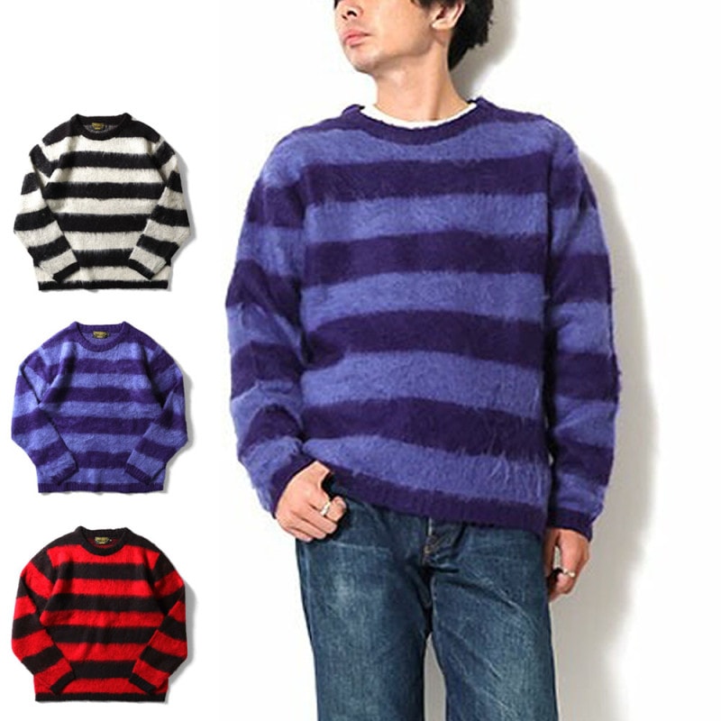 【5%OFFセール】ユニバード72 UNIVERD72 モヘアタッチ起毛セーター ボーダー 22251【メンズ レデイース 男女兼用 M L XL 】【ボーダー柄 太ボーダー クルーネックセーター アクリルニット ロック パンク グランジ  防寒 モフモフ モヘア調 大きいサイズ】