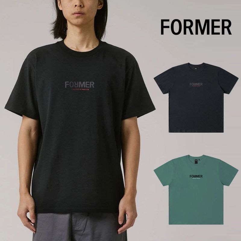 【5%OFFセール】フォーマー FORMER Tシャツ LEGACY REACTION T-SHIRT レガシー リアクション 半袖Tシャツ【メンズ レディース 男女兼用 M L XL】【TEE ティーシャツ 180GSM コットン100% ロゴ 刺繍 ウォッシュ加工 古着風 サーフブランド 黒 ブラック グリーン 緑色】