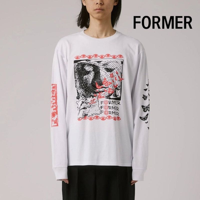 【5%OFFセール】フォーマー FORMER Tシャツ PROWL LS T-SHIRT プラウル 長袖Tシャツ【メンズ レディース 男女兼用 M L】【ロンT ティーシャツ ロングスリーブ 200GSM ヘビーウェイト コットン100% マルチプリント サーフブランド ホワイト 白】