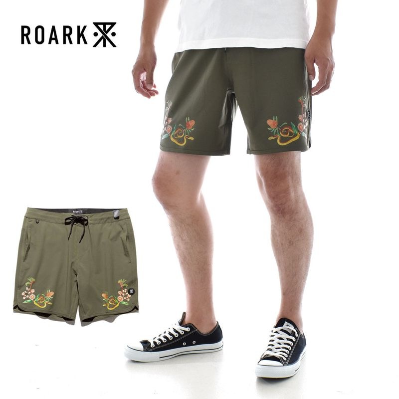 【5%OFFセール】ロアーク リバイバル ROARK REVIVAL ボードショーツ サーフパンツ CHILLER SCALLOP RB481-MIL 【メンズ 水陸両用 ショーツ ショートパンツ ハーフパンツ 短パン 水着 海パン 緑 カーキ 花柄 蛇柄】