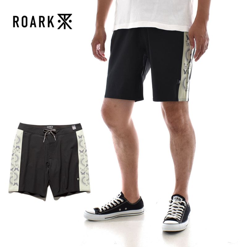 【5%OFFセール】ロアーク リバイバル ROARK REVIVAL ボードショーツ サーフパンツ PASSAGE HEMP RB483-BLK2 【メンズ 水陸両用 ショーツ ショートパンツ ハーフパンツ 短パン 水着 海パン黒 ブラック 蝶柄 太陽柄】