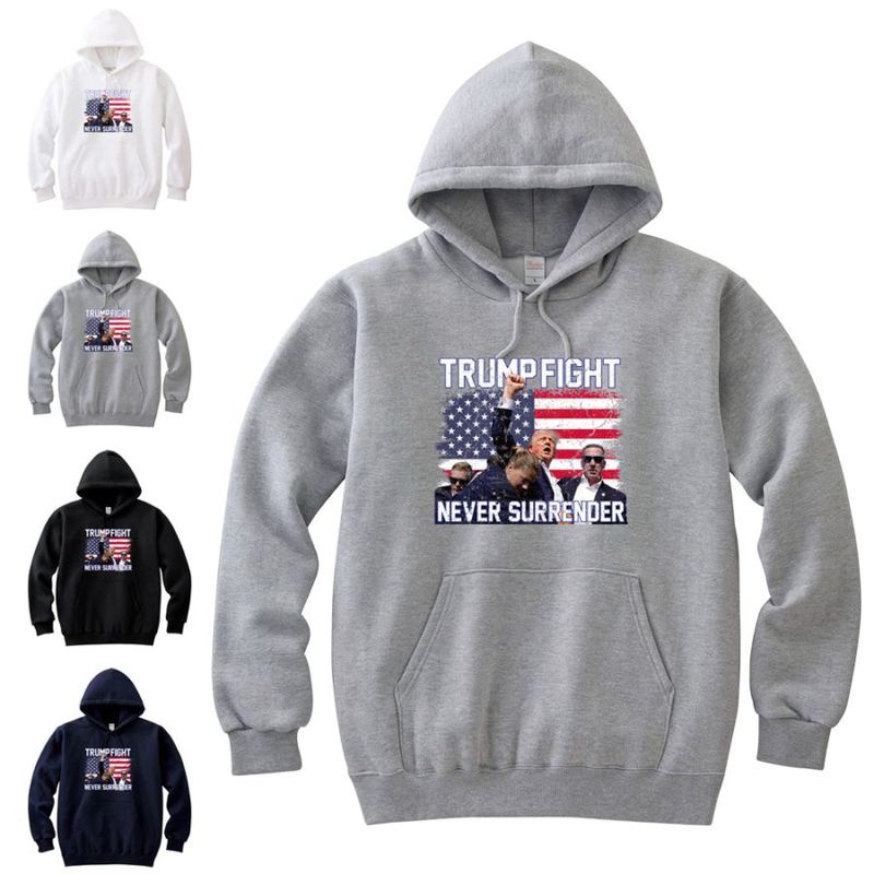 ドナルド・トランプ パーカー TRUMP FIGHT NEVER SURRENDER ドナルド トランプ 大統領選挙 暗殺未遂 銃撃 大統領候補 トランプ米国大統領 選挙運動 ジョー バイデン バイデン大統領 共和党 民主党 アメリカ USA メッセージ パーカ メンズ レディース 大きいサイズ 父の日